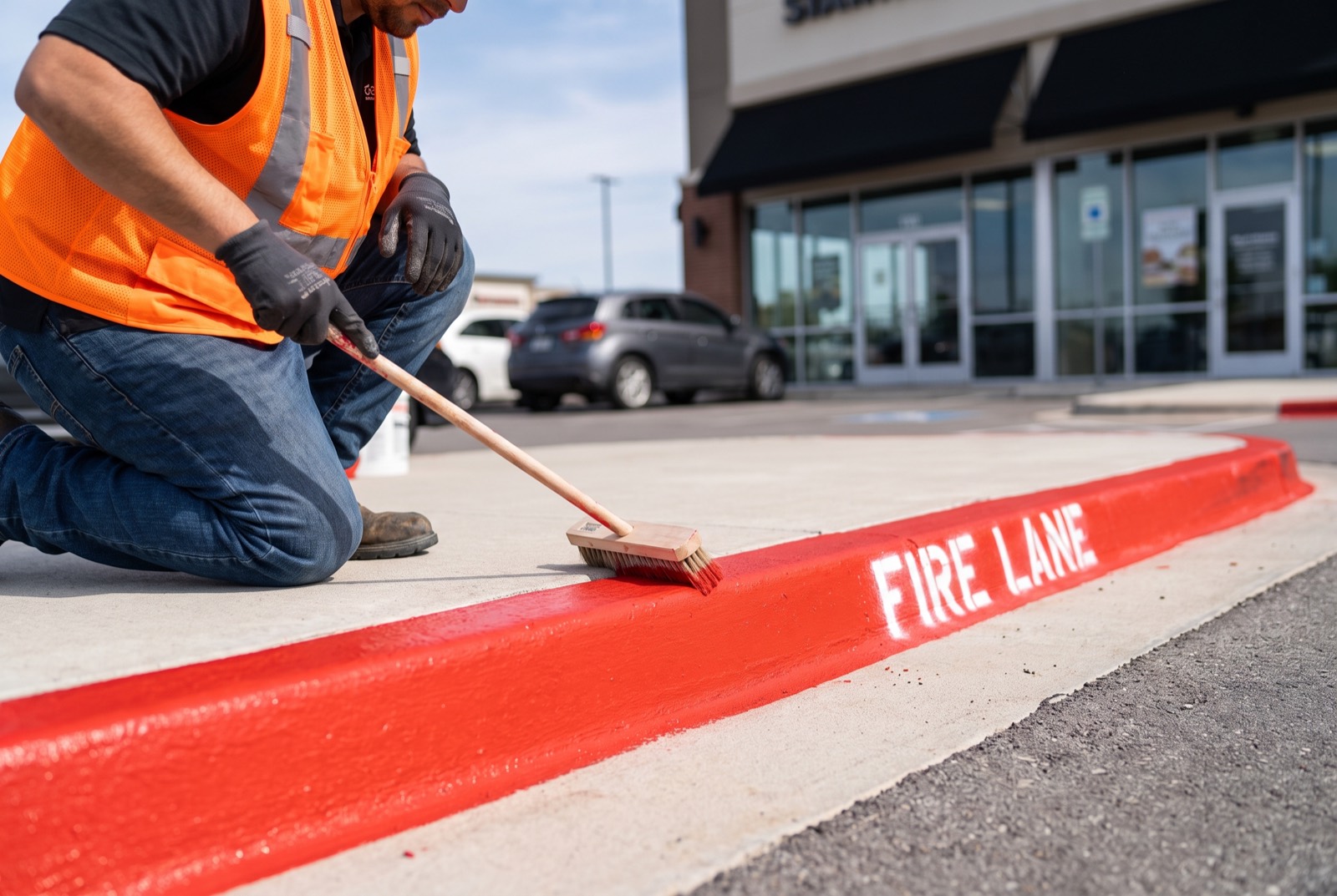 Worker painting a red fire lane curb with white FIRE LANE lettering at a McKinney commercial property