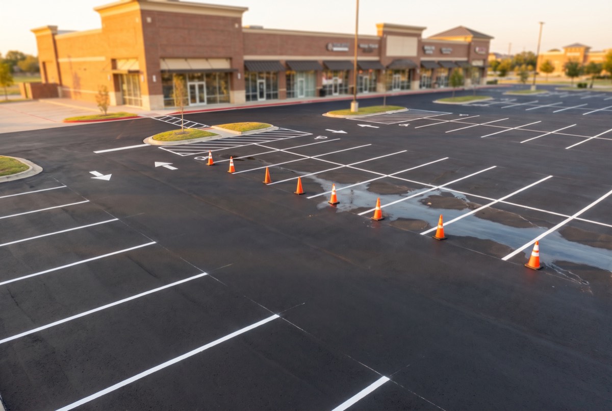 Freshly striped commercial parking lot in McKinney, TX with crisp white stall lines and directional arrows at dusk