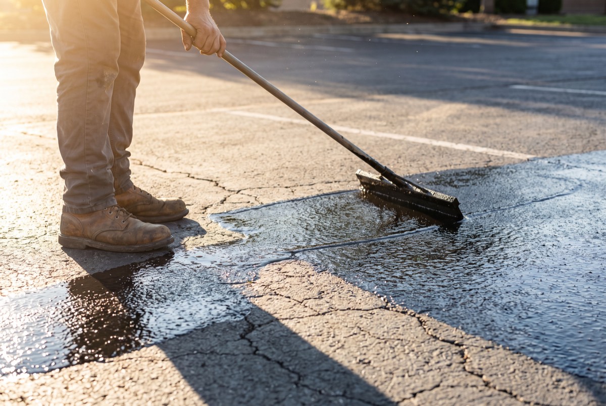 Worker spreading wet black asphalt sealer with a squeegee across a faded parking lot in McKinney, TX