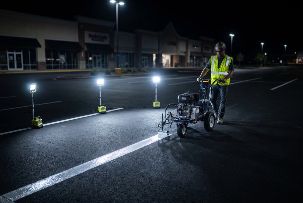 Line striping machine laying fresh white lines on a McKinney, TX parking lot at night